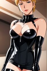 ai_generated bdsm_gear bdsm_outfit blonde_hair blonde_hair blue_eyes bondage breasts crowley_hamon dominant_female dominatrix femdom gundam ktsm latex latex_clothing latex_dress light-skinned_female light_skin looking_at_viewer mobile_suit_gundam nai_diffusion older_female stable_diffusion