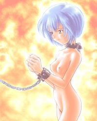 ayanami_rei black_collar blue_hair bondage bound bound_wrists breasts chains closed_mouth collar completely_nude cowboy_shot cuffs dithering female female_only femsub forced from_side goto_p groin hands_up human leash looking_ahead navel neckwear neon_genesis_evangelion nipples non-web_source nude orange_background pale_skin pc-98_(style) pixel_art pussy red_eyes rei_ayanami shackles short_hair small_breasts solo standing tearing_up wristwear