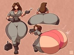 1girls ass bodysuit brown_hair female huge_ass hyper_ass karamina_(demonwolf202) lucy_fuchs multiple_views panties thick_thighs thighs wardrobe_malfunction