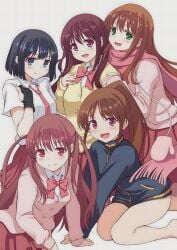 5girls atarashi_ako bare_legs bottomless glove long_sleeves matsumi_kuro matsumi_yuu multiple_girls naked_track_jacket pantless ponytail sagimori_arata saki_achiga-hen skirt takakamo_shizuno track_jacket