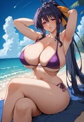 1girls ai_generated akeno_himejima beach beach_towel bikini bombacopta hands_behind_head high_school_dxd huge_breasts purple_bikini purple_eyes ribbon thick thick_thighs