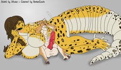 absurd_res anthro big_tail breasts canine connie_birchenough cum cum_on_breasts dahn duo excessive_cum female gecko hi_res hyper hyper_penis larger_female leopard_gecko lizard male mammal muscular penis reptile scalie schwoo shiba_inu simple_background size_difference spots theenglishhobo