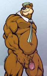 1boy 2016 anthro balls bear biceps big_muscles clothing fur hanna-barbera hat headgear hi_res looking_at_viewer male male_only mammal masturbation muscular necktie nude osoalex pecs penile_masturbation penis simple_background smile solo testicles yogi_bear yogi_bear_(character)