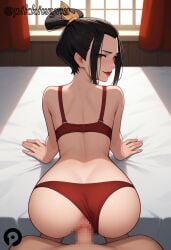 1boy 1girls ai_generated all_fours anus arm_support ass avatar_the_last_airbender azula black_hair blush bra brown_eyes closed_mouth clothing_aside curtains doggy_style female from_behind human indoors looking_at_viewer looking_back male panties panties_aside penis pikkiwynn pov pussy red_bra red_panties sex sex_from_behind smile solo_focus straight underwear underwear_only vaginal_penetration