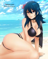 1girls alternate_costume artist_name ass beach bikini black_bikini black_swimsuit blue_eyes blue_hair byleth_(fire_emblem) byleth_(fire_emblem)_(female) cleavage female female_only fire_emblem fire_emblem:_three_houses fire_emblem_heroes flower highres large_breasts looking_at_viewer nidavellirstudios nintendo ocean official_alternate_costume sand solo swimsuit watermark