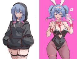 2girls bangs bare_shoulders before_and_after blue_eyes blue_hair bowtie breasts bunny_ears bunnysuit cleavage clothing clothing_cutout covered_navel cutout_above_navel detached_collar emotionless fake_animal_ears female fishnet_legwear fishnet_thighhighs fishnets garter_straps hair_ornament hairband hands_in_pockets hands_over_breasts hatsune_miku heart heart-shaped_pupils heart_cutout heart_symbol highleg highleg_leotard hoodie leotard looking_at_viewer makeup mask mask_lift navel pantyhose phone rabbit_hole_(vocaloid) rakeemspoon selfie short_hair short_hair_with_long_locks simple_background skindentation smile solo spaghetti_strap teardrop thick_thighs thigh_strap thighhighs twintails two-tone_hair vocaloid wristband x_hair_ornament