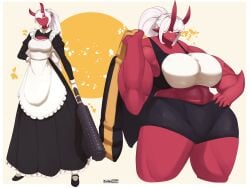 1girls big_breasts breasts carlosgizza female female_only horns huge_breasts maid_outfit maid_uniform muscular muscular_female oni oni_horns oni_maid_(carlosgizza) red_body red_oni red_skin shorts solo tank_top weapon white_hair