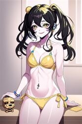 1girls aged_up ai_generated bikini breasts cassidy_(fnaf) fnaf_cassidy handband navel_piercing sexy.ai smiling solo touching_plushie twintails