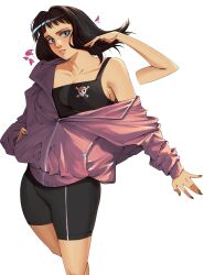 bangs black_hair black_tank_top blue_eyes breasts brown_hair clothing female female_only fingernails hana_hana_no_mi hand_in_own_hair hand_in_pocket heart hood jacket jobin_chan jobinch long_hair looking_at_viewer medium_hair nico_robin off_shoulder one_piece original parted_lips petals pink_jacket shirt shorts simple_background solo spats standing tank_top white_background