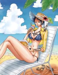 1girls arm_tattoo bare_legs beach beach_chair bikini black_hair blue_bikini blue_sky book breast_tattoo breasts cleavage cloud crossed_legs day earrings female female_only flower food genderswap_(mtf) hair_ornament hand_tattoo hand_up hat hat_flower high_heels holding holding_book holding_ice_cream_cone ice_cream ice_cream_cone jewelry large_breasts namnam_op navel ocean on_chair one_piece open_clothes open_mouth outdoors palm_leaf palm_tree red_flower red_nails ribbon rule_63 sand shirt shoes short_hair side-tie_bikini_bottom sitting sky solo sun_hat swimsuit tattoo teeth thighs trafalgar_law tree unworn_shoes water yellow_eyes yellow_shirt