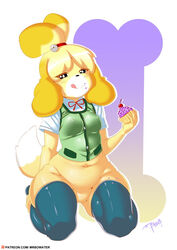 2016 animal_crossing anthro black_eyes black_nose blonde_hair bottomless canine clothed clothing female food fur hair hair_ornament isabelle_(animal_crossing) legwear long_ears mammal mrbowater navel nintendo pussy short_hair signature sitting smile solo tongue uniform video_games white_fur yellow_fur