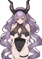 1girls alternate_version_available arknights cleavage cokuto1 female female_only horns one-piece_swimsuit swimsuit thigh_strap typhon_(arknights)