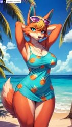 ai_generated animal_crossing animal_ears armpits arms_behind_head arms_up artist_name audie_(animal_crossing) bangs beach blonde_hair blue_dress blue_eyes blue_sky body_fur breasts cleavage cloud collarbone day dress eyewear_on_head female floral_print furry furry_female horizon large_breasts looking_at_viewer ocean orange_fur outdoors palm_tree sand short_dress short_hair sky sleeveless sleeveless_dress smile snout solo stable_diffusion standing sunglasses tail thighs tinted_eyewear tree twitter twitter_username water watermark wolf_ears wolf_tail yiffyjiffy69