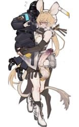 1boy 1futa animal_ears arknights ball_bra balls blonde_hair breasts carrying_another clothed clothing doctor_(arknights) dorothy_(arknights) duo erection fully_clothed futanari hitobashira_(1746164306) huge_balls huge_cock human humanoid humanoid_penis kemonomimi light-skinned_futanari light_skin male mostly_clothed penis rat_ears short_hair standing victim_alice