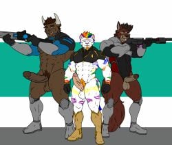 anthro balls bovid bovine canid canine canis cattle erection felid feline feran_blackridge fox genitals group gun horn hunterramirez male male/male mammal muscular pantherine penis ranged_weapon smile star_trek tiger trio weapon wolf xi_silverwind