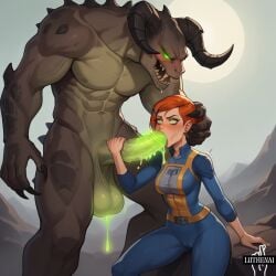 1boy 1girls ai_generated alpha_male ben_10 bull cameltoe cocky cocky_smile cum daddy deathclaw fallout female green_eyes gwen_tennyson heavy_balls huge_penis impossible_fit interspecies luthenai male manly oral penis size_difference tough_guy vault_dweller zoophilia