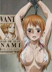 1girls ai_generated armpits arms_above_head arms_up artist_request big_breasts blush chained chained_up chained_wrists female female_only hands_up long_hair looking_at_viewer nami nami_(one_piece) nipples one_piece orange_hair post-timeskip ripped_clothing slim_waist tattoo teenager tied_up wanted_poster