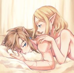1boy 1boy1girl 1girls bed bed_sheet bedroom blonde_hair blue_eyes breasts breath_of_the_wild color completely_nude earrings elf_ears green_eyes hand_on_another's_shoulder highres lighting link link_(breath_of_the_wild) link_(tears_of_the_kingdom) long_hair looking_at_another lying lying_on_bed lying_on_stomach mori_lz one_eye_closed pointy_ears princess_zelda romantic romantic_couple scar scars_all_over short_hair sideboob smile straight tears_of_the_kingdom the_legend_of_zelda toned toned_male waking_up wholesome zelda_(tears_of_the_kingdom)