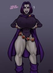 1girls abs big_breasts boots cape dc dc_comics edit english_text female female_only fit fit_female gradient_background huge_breasts leotard looking_at_viewer muscular muscular_female raiounsfw raven_(dc) simple_background solo tagme talking_to_viewer teen_titans text