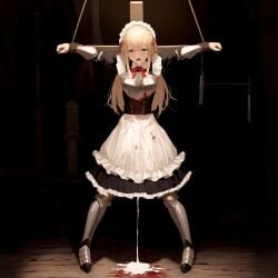 after_rape after_sex ai_generated armor blonde_hair blood bondage clothed cross crucifixion crying excessive_cum hair_ribbon maid rape restrained sadism spread_arms spread_legs