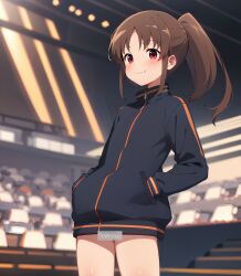 1girls ai_generated bare_legs bottomless female long_sleeves naked_track_jacket pantless ponytail saki_achiga-hen takakamo_shizuno track_jacket