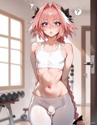 1boy a1exwell ai_generated astolfo_(fate) blush bulge confused crop_top cute_bulge cute_male fate/grand_order fate_(series) femboy flaccid gypsy leggings parted_lips penis small_balls small_penis stable_diffusion surprised surprised_expression testicles yoga_pants