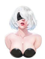 1girls blindfold bobobong breasts bust cleavage hair_over_one_eye lips nier:_automata portrait realistic short_hair solo white_background white_hair yorha_2b