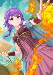 1girls bangs bare_arms bare_shoulders blush book breasts cape closed_mouth cloud cloudy_sky collarbone commission covered_nipples dress dutch_angle expressionless female female_only fire fire_emblem fire_emblem:_the_sacred_stones from_below highres holding holding_book jewelry long_hair looking_at_viewer lute_(fire_emblem) magic medium_hair nintendo outdoors pink_dress pink_eyes purple_eyes purple_hair rock shoulders skeb_commission sky sleeveless sleeveless_dress small_breasts solo tight_clothes tight_dress twintails wall zenrakishi