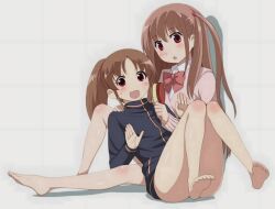 2girls atarashi_ako bare_legs barefoot bottomless hairbrush long_sleeves naked_track_jacket pantless ponytail saki_achiga-hen takakamo_shizuno track_jacket