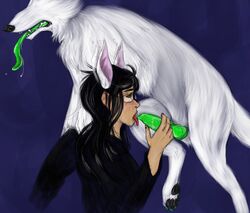 1boy 1girls 2013 animal_genitalia animal_humanoid becquerel black_hair canine clothed clothing cum dog_ears dog_humanoid drooling duo erection eyeless eyewear female female_on_feral feral fur glasses green_eyes hair hi_res homestuck human human_on_feral humanoid interspecies jade_harley long_hair male mammal ms_paint_adventures open_mouth oral paws penis saliva sharp_teeth straight teeth tongue tongue_out white_fur white_skin wolftacos zoophilia