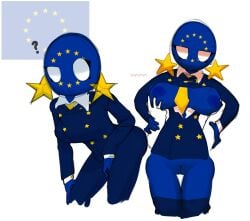 1girls blue_body blue_skin blue_suit breast_grab breasts breasts_out countryhumans countryhumans_girl earrings european_union_(countryhumans) exposed_breasts exposed_pussy female female_only pants pants_down pussy shirt sleepserumm star_(symbol) star_earrings suit sweat sweatdrop sweating thighs tie tits_out touching_breast yellow_tie