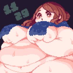 1girls :o belly breasts brown_eyes brown_hair fat female female_focus female_only hairbun hips holding_breast large_breasts looking_at_viewer nude nude_female overweight overweight_female pixel_art simatten stomach thick_thighs thighs towel towel_around_neck towel_covering_breasts towel_only water water_drop weight_gain wide_hips