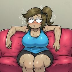 1girls ai_generated anthro arms_up ass big_butt blue_shirt bra breasts brown_fur brown_hair cartoon_network couch curvaceous curvy curvy_body curvy_figure curvy_hips eileen_roberts exhausted female furry glasses gym_clothes gym_uniform huge_ass humanoid meme nai_diffusion regular_show shorts sitting sitting_on_chair stable_diffusion sweat sweatdrop thick thick_ass thick_butt thick_hips thick_legs tired tired_eyes whoram wide_hips