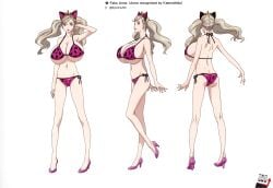 alternate_breast_size ann_takamaki big_breasts bikini blonde_hair blue_eyes breasts_bigger_than_head byleths200 clothed clothing cognitive_ann edit fake_cat_ears female high_heels huge_breasts human leopard_print official_art pale_skin persona persona_5 swimwear twintails