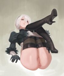 1girls anus blue_eyes boots censored censored_pussy female holding_legs nier:_automata nier_(series) presenting_ass thigh_boots thigh_highs toxic_(pixiv54732505) toxic_(toxicv) yorha_2b