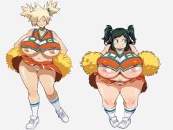 2girls bbw big_areola big_breasts big_nipples bunkwizard cheerleader_uniform chubby chubby_female edit embarrassed erect_nipples_under_clothes exposed_panties female_only gonzalo_costa green_eyes green_hair huge_breasts inko_midoriya light-skinned_female light_skin mature_female milf mitsuki_bakugou mother my_hero_academia nipple_bulge nipples panties plump pom_poms shortstack simple_background skirt thick_thighs tight_clothing twintails underboob venus_body voluptuous white_background white_panties wide_hips