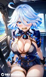 ai_generated blue_eyes blue_hair breasts_focus car crying crying_with_eyes_open flushed furina_(genshin_impact) genshin_impact huge_breasts illyfurina pale-skinned_female sweat sweating tape tape_gag taped_mouth tears thighs tied tied_body tied_breasts tied_legs tied_up
