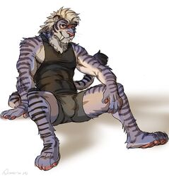 abs anthro athletic barefoot boxer_briefs bulge clothing fangs feline front_view looking_at_viewer male male_only mammal pawpads pecs plantigrade reclining rossciaco sabertooth_(feature) shirt signature sitting solo spread_legs spreading tank_top tiger tight_clothing underwear