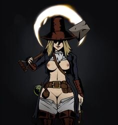 belt blonde_hair boots breasts breasts_out darkest_dungeon female grave_robber_(darkest_dungeon) hair hat hat_over_eyes headgear jacket knife lewdreaper mole navel nipples open_clothes open_jacket pants_down pouch shirt_lift shovel solo thigh_boots thighhighs weapon