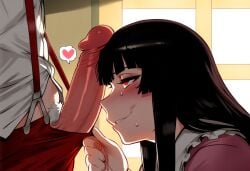 1futa 1girls ai_generated black_hair blush close-up from_side fujiwara_no_mokou futanari heart indoors kaguya_houraisan large_penis looking_up nai_diffusion naughty_face ohhai223 open_fly out_of_frame pants_pull penis_on_face pulling_another's_clothes red_eyes self_upload standing sweat sweatdrop touhou white_pubic_hair