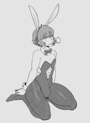 1boy bowie_(ragingbarbarians) bulge bunnysuit femboy kneeling leotard male_only monochrome original ragingbarbarians thighs