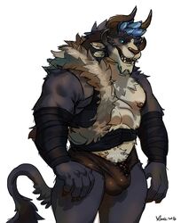 2016 abs anthro arm_wraps barazoku barely_contained barely_visible_genitalia big_muscles bulge charr feline guild_wars looking_at_viewer male male_only mammal multi_horn muscular nipples open_mouth pecs penis rossciaco sharp_teeth signature smile solo standing teeth video_games wraps