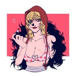 big_breasts bikini_top blonde_hair brown_eyes cleavage clown_makeup coif donquixote_rosinante eighthousand facepaint feather-trimmed_jacket female female_only genderswap_(mtf) hat headwear heart_print lipstick makeup medium_hair one_piece red_lipstick rule_63 scars solo upper_body