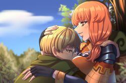 1boy 1girls alarar bangs breast_smother breasts cuddling female fingerless_gloves fire_emblem fire_emblem:_three_houses glasses gloves green_hair hug ignatz_victor leonie_pinelli male medium_breasts nintendo orange_eyes orange_hair outdoors short_hair side_ponytail smile wholesome