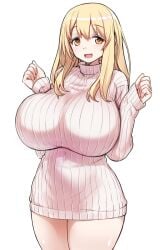 10s 1girls 774_(nanashi) :d blonde_hair blush breasts curvy hi_res huge_breasts long_hair long_sleeves looking_at_viewer naked_sweater open_mouth ribbed_sweater smile solo source_request sunohara_ayaka sunoharasou_no_kanrinin-san sweater thick_thighs thighs white_background wide_hips yellow_eyes