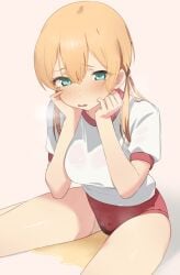 blonde_hair blue_eyes blush breasts buruma embarrassed female female_only gym_shirt gym_uniform hair_ornament highres kantai_collection large_breasts long_hair looking_at_viewer open_mouth peeing peeing_self prinz_eugen_(kantai_collection) red_buruma sakieko shirt short_sleeves sitting solo solo_female spread_legs twintails wet_buruma white_background white_shirt