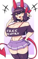 1girls big_breasts bikini bikini_under_clothes black_hair collar demon_girl demon_horns demon_tail female female_only hair_ribbon hand_on_hip hat heart-shaped_pupils hi_res horns j5daigada looking_at_viewer miniskirt pointy_ears red_eyes selene_(daigada) skirt smiling smiling_at_viewer smug smug_smile solo spiked_collar tail text_on_clothing thick_thighs thigh_squish thighhighs thong_above_skirt thong_straps three-quarter_portrait