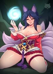 ahri animal_ears big_breasts black_hair breasts default_ahri forest fox furry josephwolf league_of_legends nine_tailed_fox panties spread_legs thick_legs thick_thighs yellow_eyes