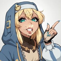 after_fellatio ai_generated androgyne_symbol androgynous bimboports(ai) blonde_hair blue_eyes blue_nails bridget bridget_(guilty_gear) clothed cum_drip cum_in_mouth cum_on_face cum_out_nose femboy fingerless_gloves guilty_gear guilty_gear_strive hoodie long_fingernails looking_at_viewer medium_hair nail_polish painted_nails stray_pubic_hair suggestive thick_lips trap