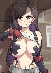 1girls big_breasts black_hair blush blush_lines breasts breasts_out brown_eyes cleavage closed_mouth clothes_lift covered_erect_nipples cross_pasties detached_sleeves earrings embarrassed female female_only final_fantasy final_fantasy_vii fingerless_gloves frown furrowed_brow gloves heebee jewelry large_breasts light-skinned_female light_skin long_hair looking_at_viewer midriff navel pasties red_gloves shirt_lift solo square_enix straight-on suspenders swept_bangs tank_top taped_nipples tifa_lockhart upper_body wall